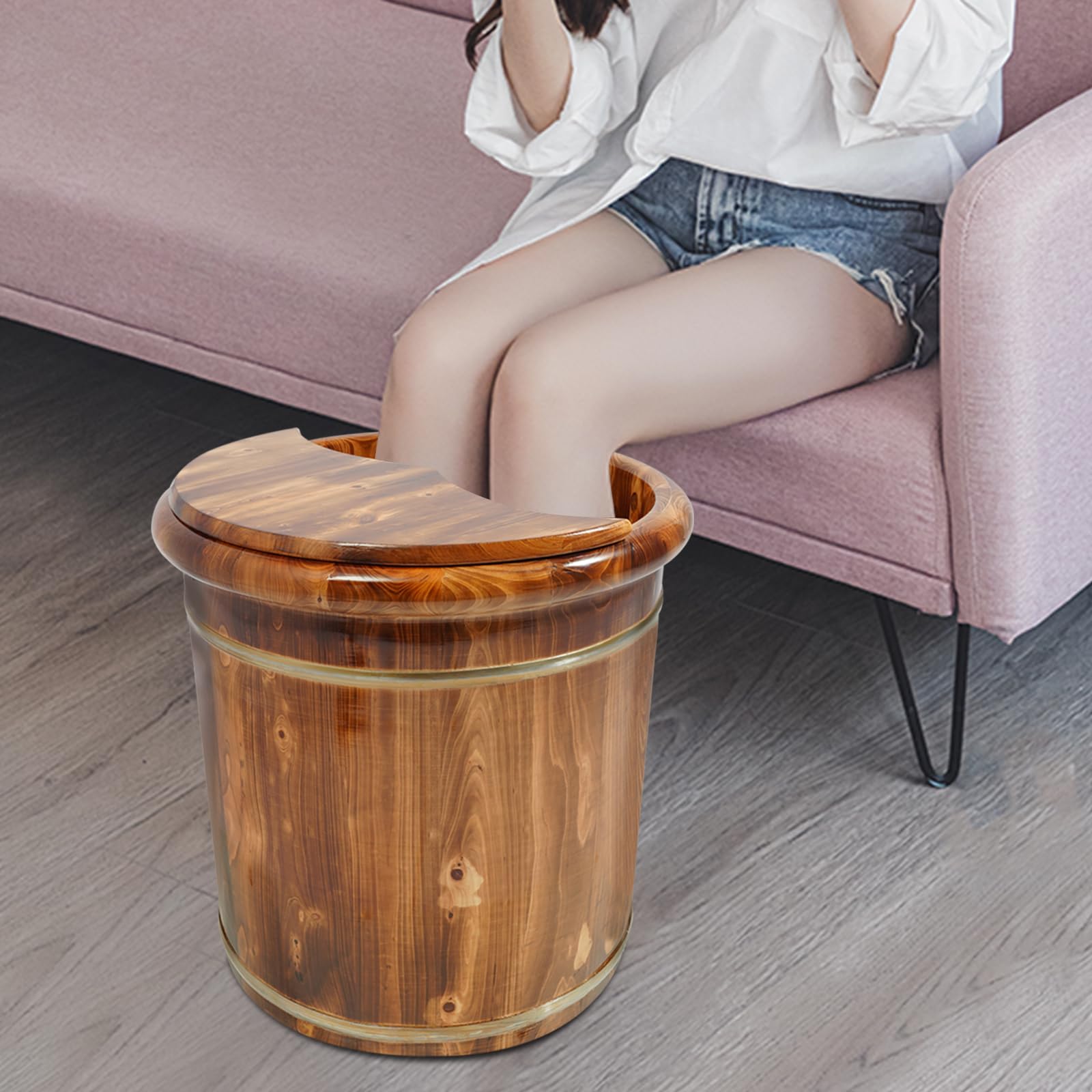 BuufuS Wooden Footbath Bucket, Solid Wood Foot Bath Tub Basin with Massagers lid 16inch Practical Pedicure Barrel Heat Retention for Home Bath Centers Feet Spa Massage Soaking (Carbonization)