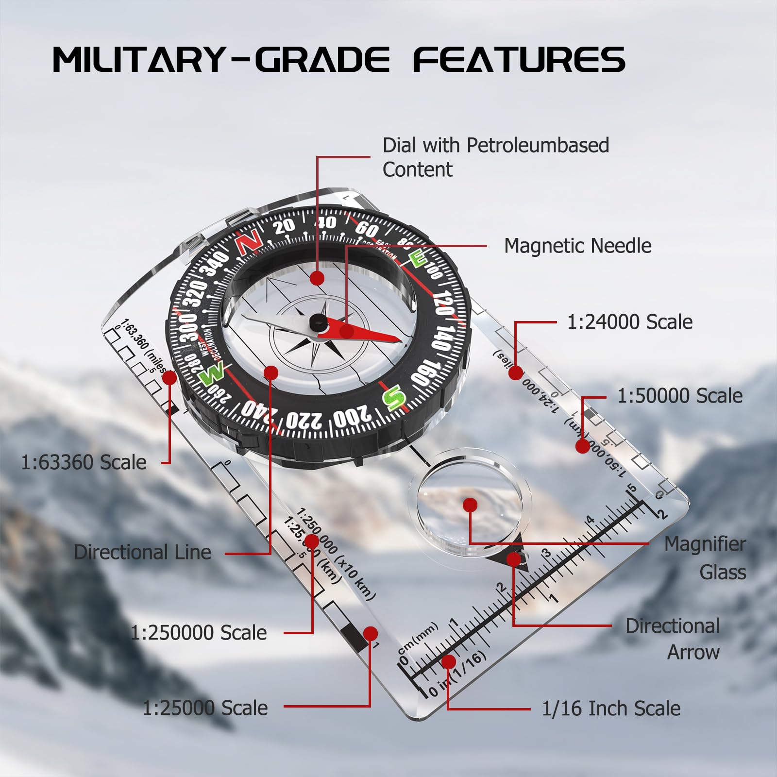 SEMEANT Professional Orienteering Compass for Hiking, Camping & Survival - Lightweight Baseplate Compass with 3X Magnifier, Ruler, Declination Scale & Safety Lanyard for Outdoor Navigation - Image 5
