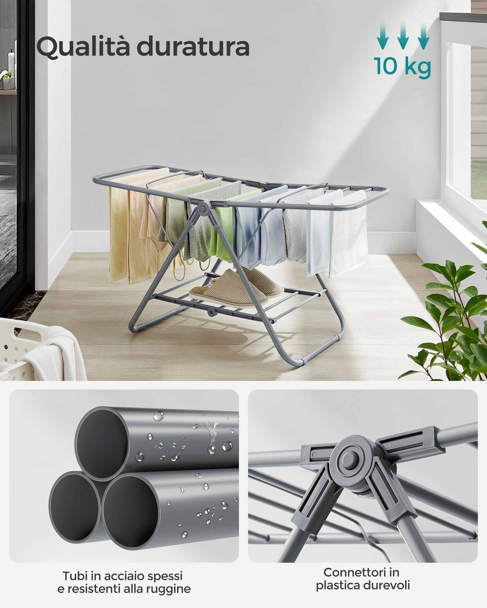 Stendibiancheria Pieghevole 2 Livelli - Metallico, Regolabile, Salvaspazio, 145x58x95 Cm