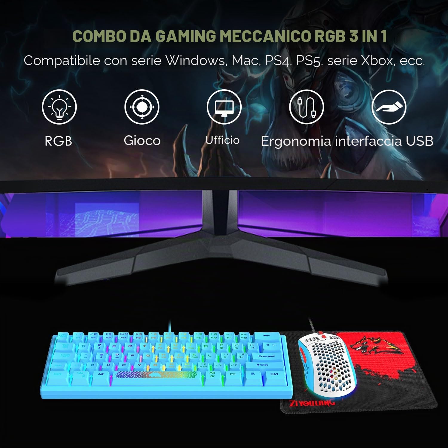 LexonElec K61-60% Compatto Set Tastiera E Mouse Da Gioco Blu - Sensazione Meccanica Qwerty Tastiera RGB - 12000 DPI Mouse - Convertitore Di Controller Per PC