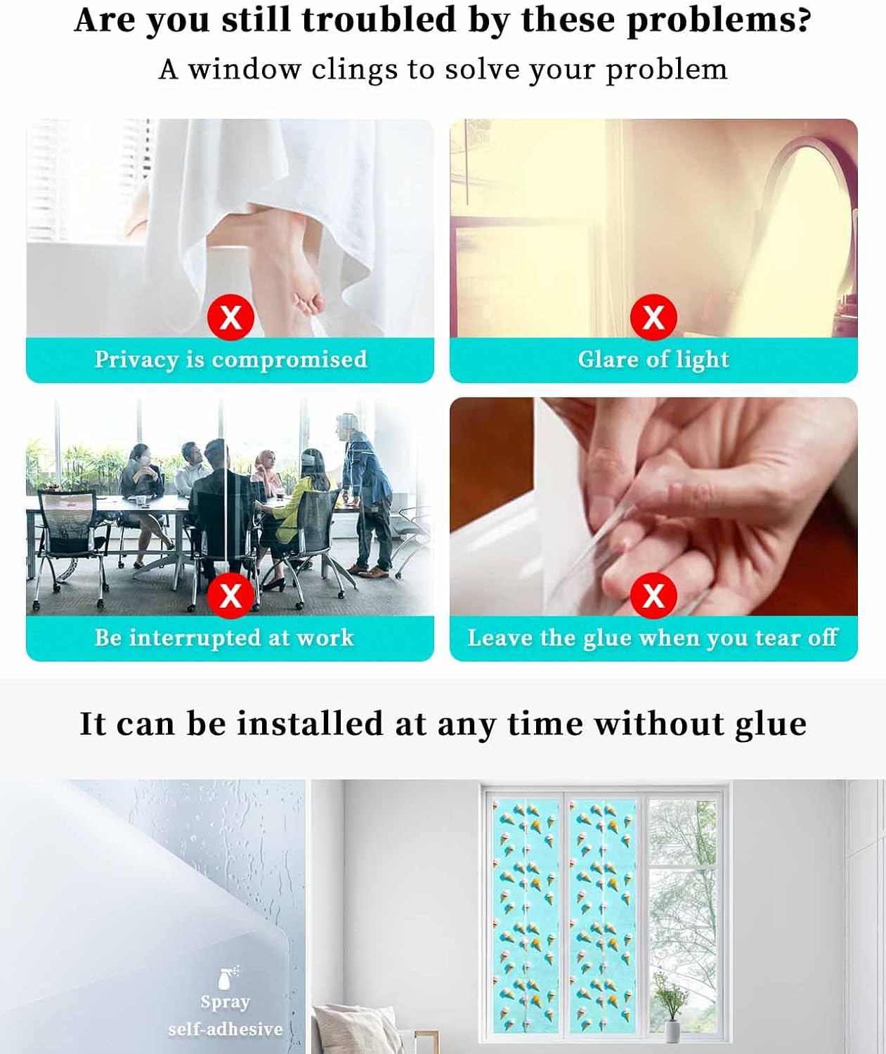 Window Privacy Film, Blue Ice Cream Window Clings Non-Adhesive Door Cover, Summer Colorful Ice Cream Window Film Decorative, Removable Window Tint for Bathroom/Classroom 29.5"x118"