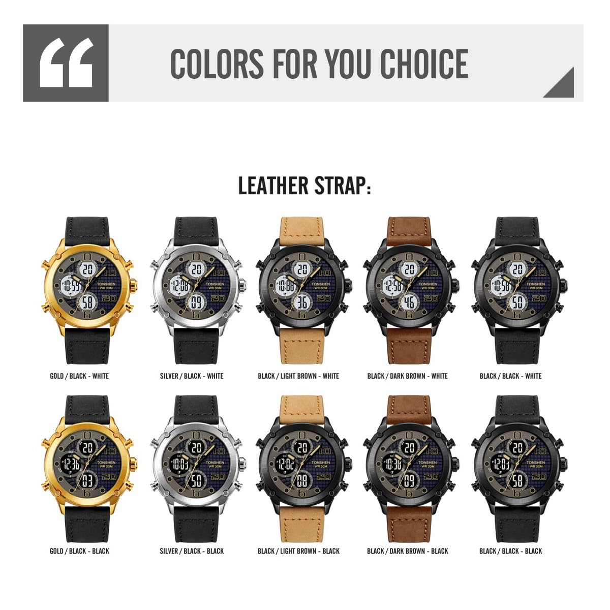 TONSHEN Orologi da Polso Uomo Acciaio Inossidabile e Pelle Cinturino Digitale Multifunzione LED Elettronico Tre Tempo Outdoor Militare Sportivo Orologio