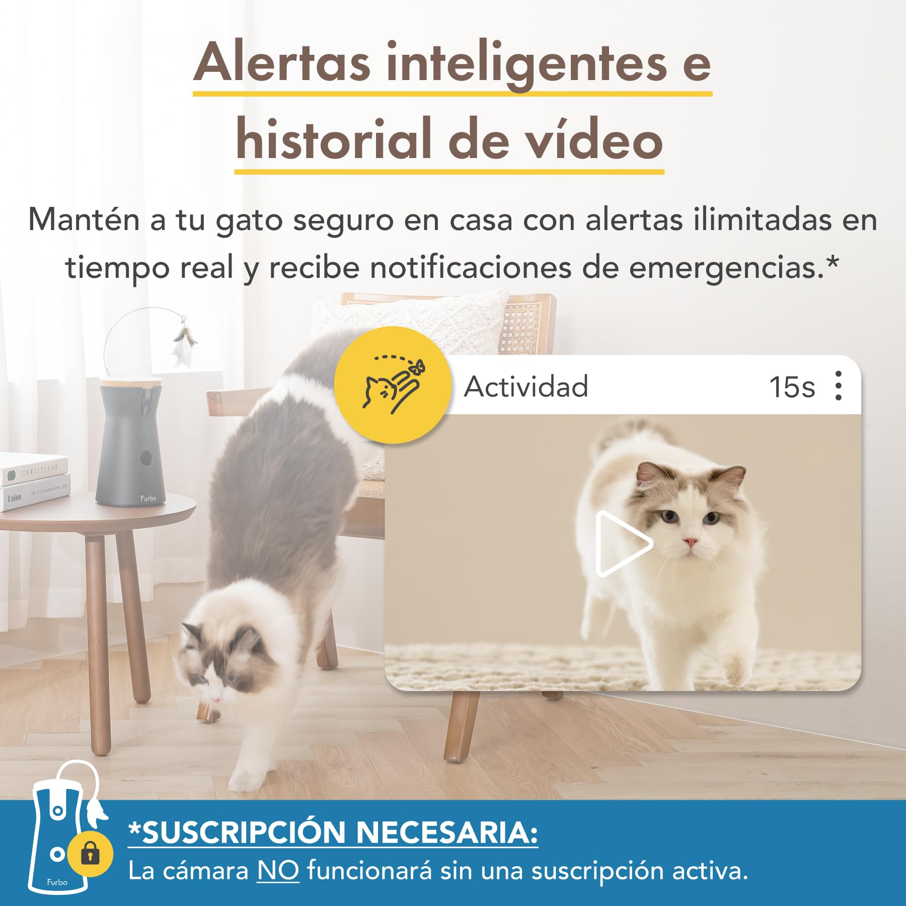 Furbo Cámara para Gatos 360° & App [Suscripción Necesaria para Activar] | Cámara para Gatos 1080p con Visión Nocturna a Color, Audio Bidireccional y Alerta de Maullidos – Lanza Premios desde el Móvil
