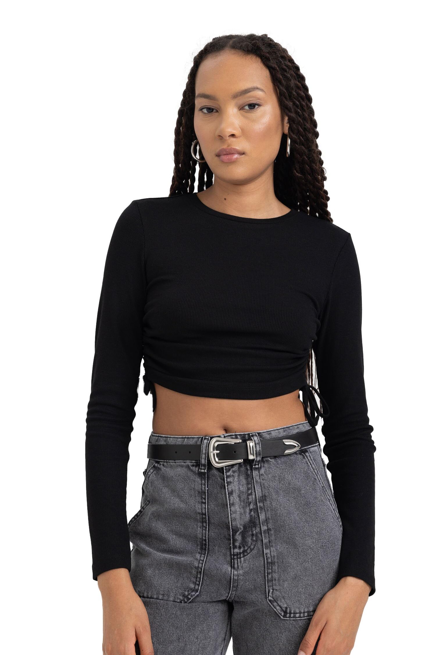 Kadın Fitted Basic Uzun Kollu Crop Tişört
