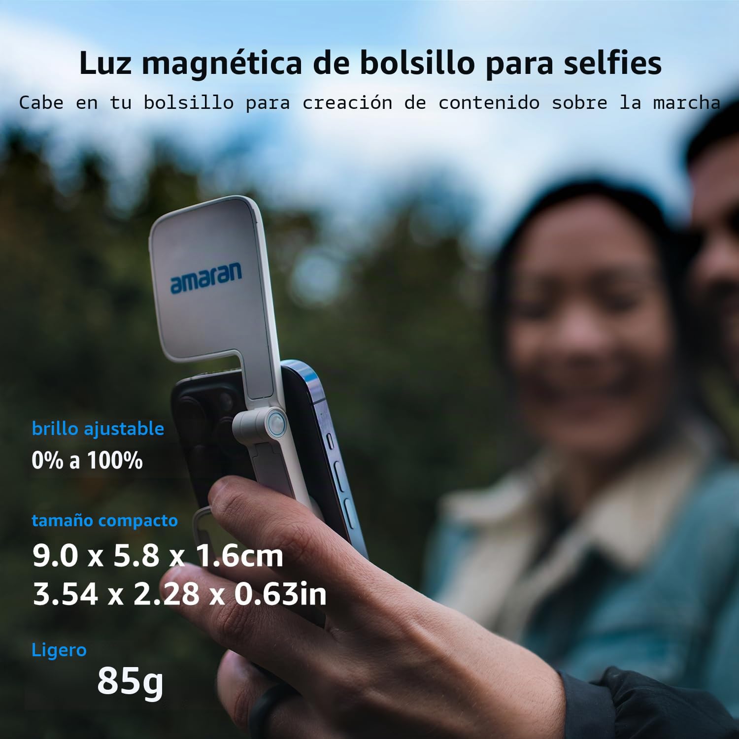 Amaran Go Mini LED Magnético para Teléfonos - Luz de Espejo CCT Ajustable 2700K a 6500K, 10 Efectos de Iluminación, Carga Rápida USB-C, Suave y Precisa para Creadores Móviles - Carbón