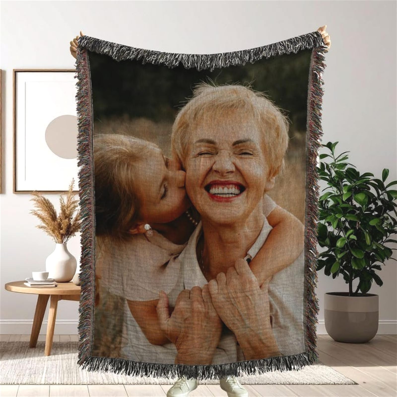 Manta de algodón tejida con foto personalizada en acabado jacquard premium