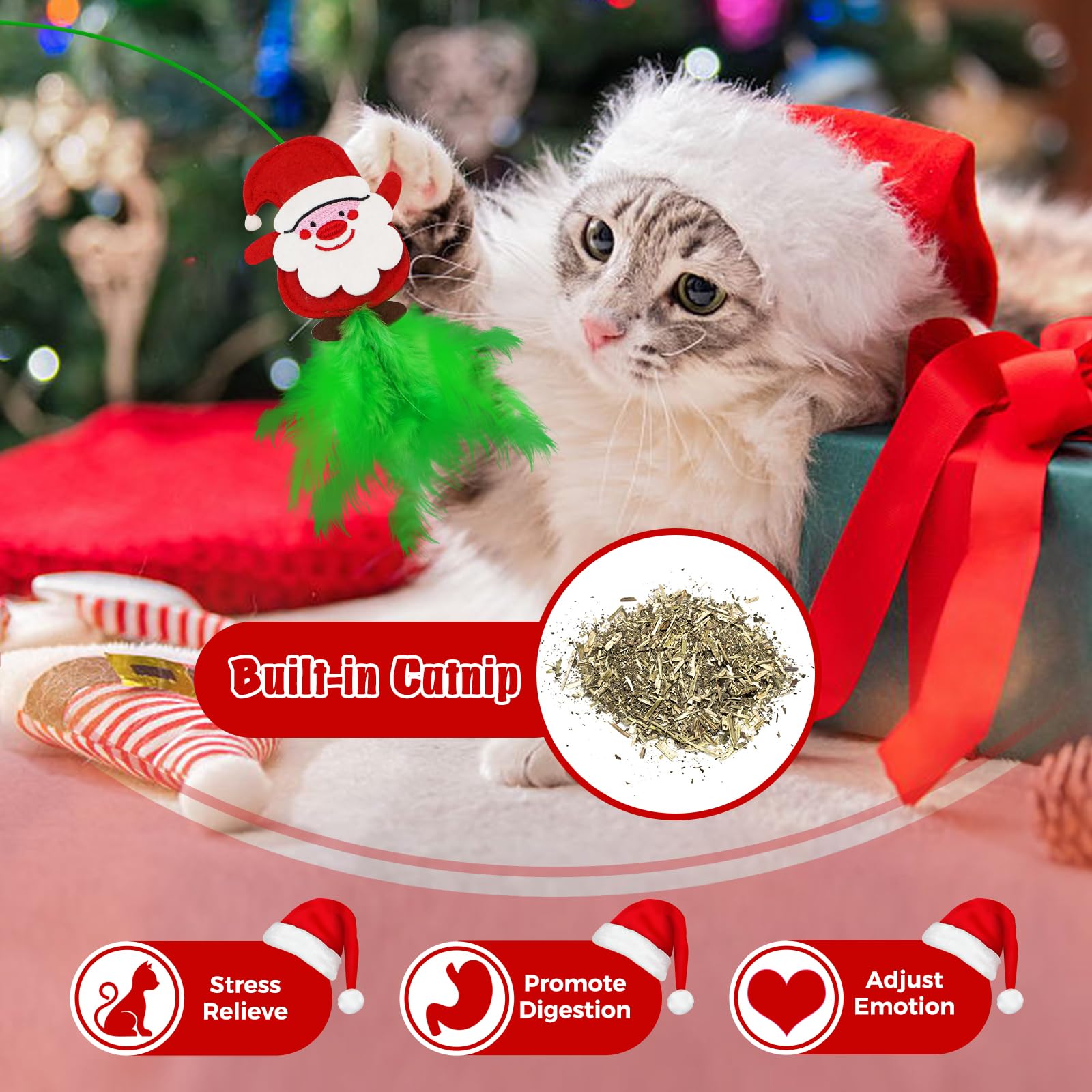 Juguetes de Navidad para gatos, paquete de 4 juguetes de varita para gatos de interior, regalos de gato con hierba gatera y plumas para Navidad, varita de gato de Navidad para gatos y gatitos