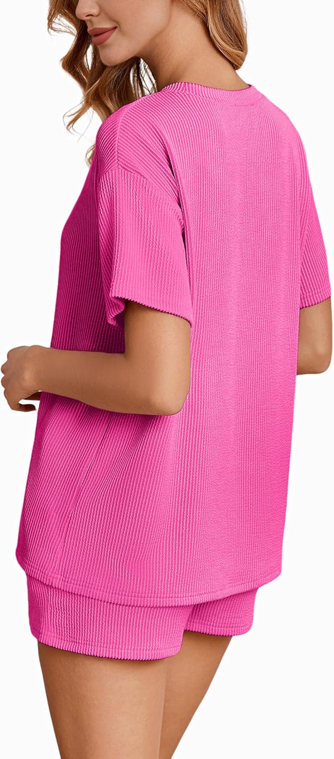 Ekouaer Short Sets for Women 2 Piece Outfits Summer Loose Lounge Set Ribbed Textured Knit Short Sleeve - Image 4