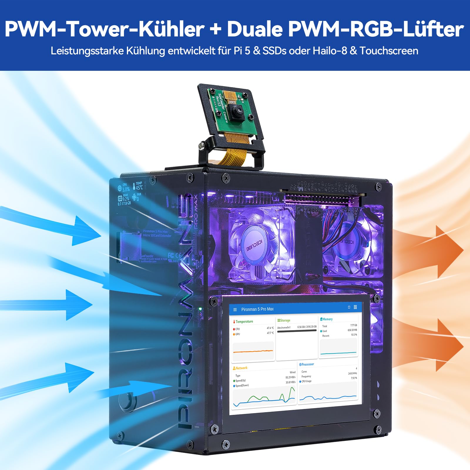 Pironman 5 Pro Max Mini-PC-Gehäuse mit 4,3" Touchscreen für Raspberry Pi 5, OpenClaw KI-Agent, Dual NVMe RAID 0/1 NAS, Kamera, Mikrofon, Audio, M.2 Hailo8, LLMs ChatGPT/Gemini (RPI5 Nicht enthalten)