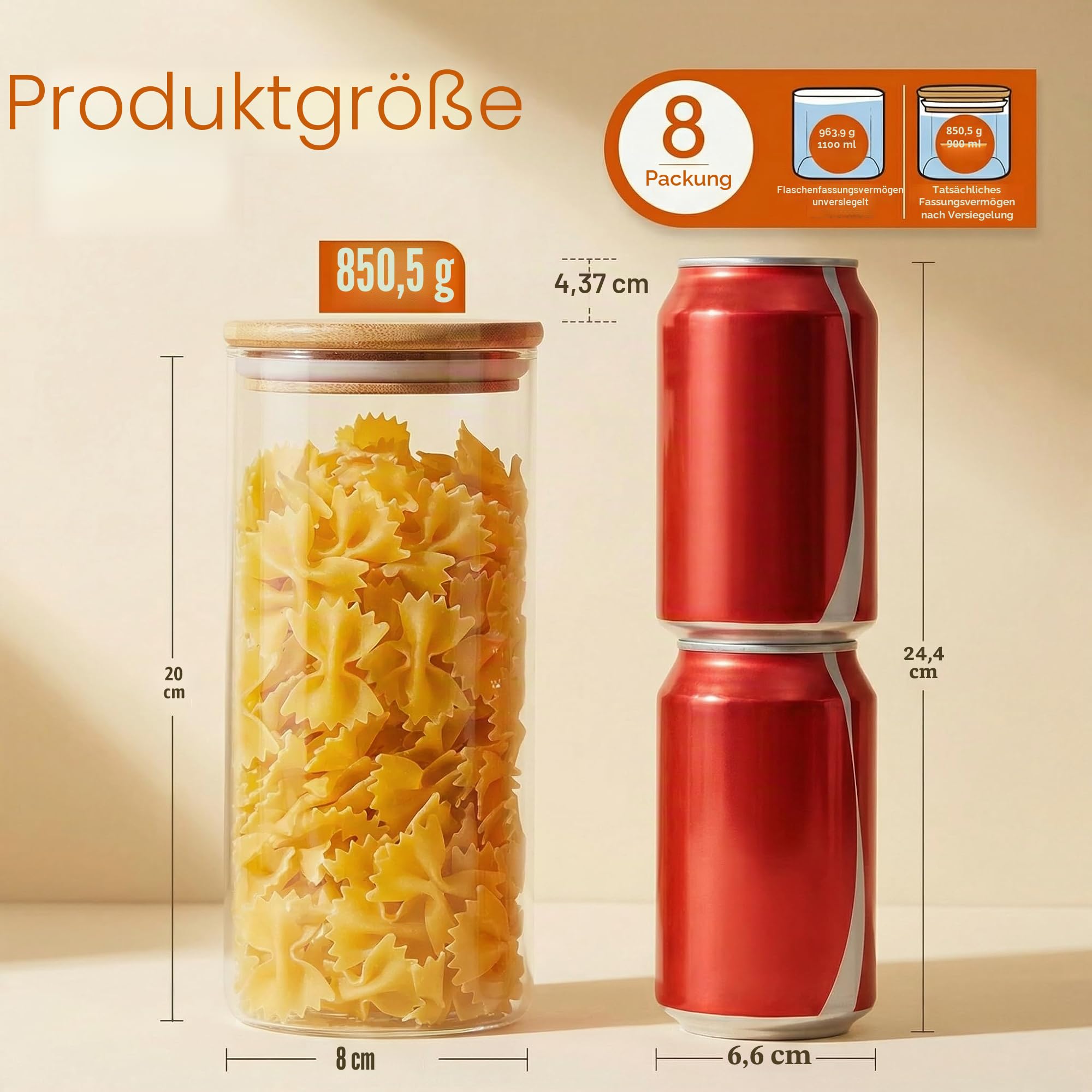 HomArtist Glasdosen mit Bambusdeckel 34 FL OZ [8er Set], Glasdosen mit luftdichtem Deckel, Glasbehälter für Lebensmittel für Nudeln, Hafer, Kaffee, Mehl, Reis, am besten für Küche & Speisekammer