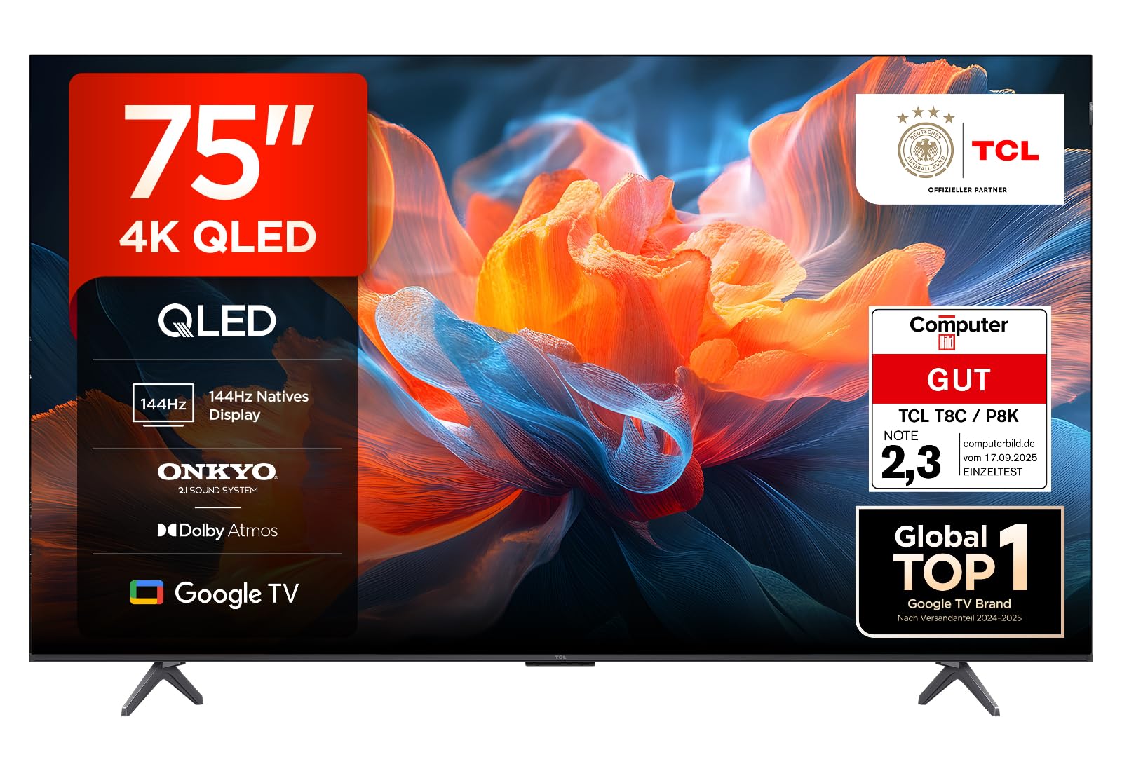 TCL 75T8C 75 Zoll QLED 4K HDR UHD Fernseher, Smart Google TV Dolby Vision & Atmos, 144Hz Motion Clarity Pro, Game Bar, ALLM, FreeSync, Onkyo 2.1 Sound, Sprachsteuerung, Kompatibel mit Google Assistant