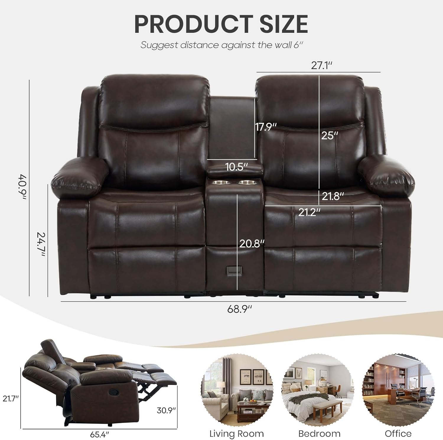 Recliner Sofa, Reclining Loveseat Sofa with Massage & Heat, Reclining Couch with Side Pockets, Extra Storage, Cup Holders for Living Room