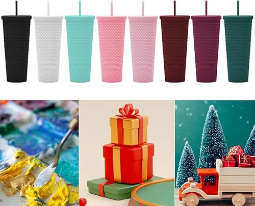 Miniatura 6 de Vaso con tachuelas de 24 onzas. Vaso con tachuelas negras mate con tapa y pajita. Vaso de viaje reutilizable con aislamiento de doble pared. Vaso de