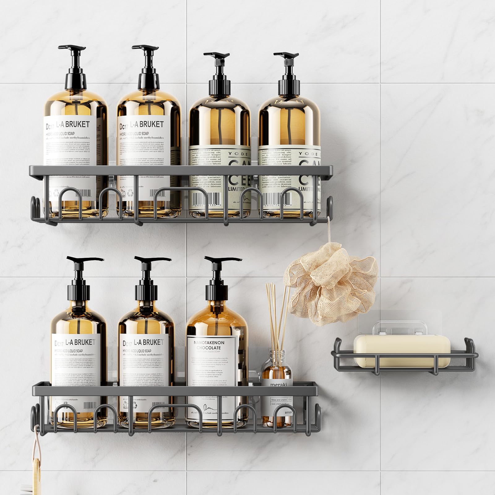 Deyhoc 5 Stück Duschablage Ohne Bohren Edelstahl, Badezimmer Organizer Regal Zubehör, Seifen Zahnbürstenhalter Set, Bad Regal,Bathroom Schnell Trocknende Duschhalterung, Duschkorb Ohne Bohren, Schwarz