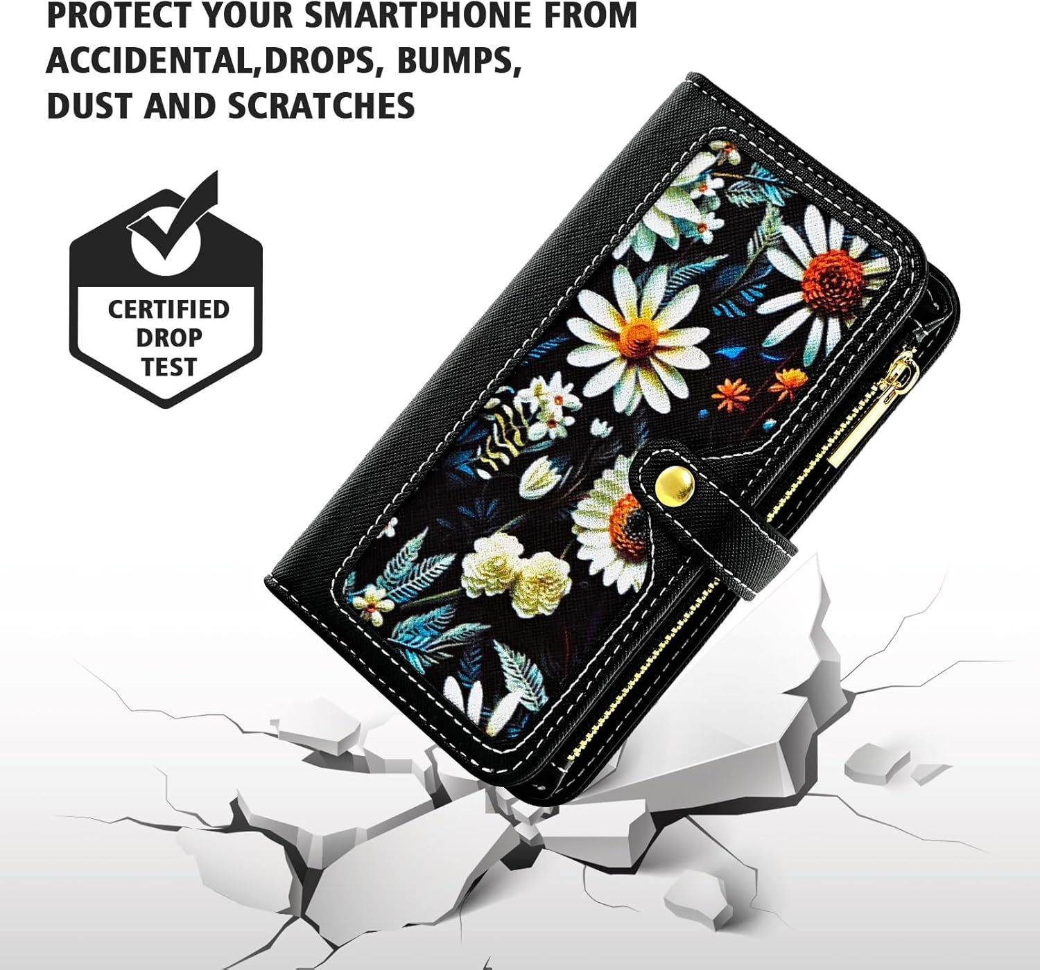 Floral Wallet Case for iPhone 17 Air 6.5 inch & Wrist/Shoulder Strap Flip Zipper Purse, Luxury PU Leather Credit ID Card Holder Stand Accessories Cell Phone Cover for i Phone17 i17 17Air Black