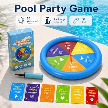 Inflatable Pool Party Game Table with Waterproof Silly Challenge Cards & Spinner, Floating Pool Game Toys for Teens Adults Family, Summer Pool Accessories for Backyard Beach Party