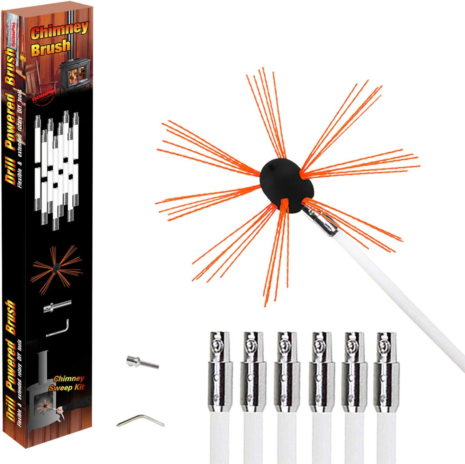 Chimney Brush-Electrical Drill Drive Sweeping Cleaning Tool Kits with Nylon Flexible Rods(8 rods)