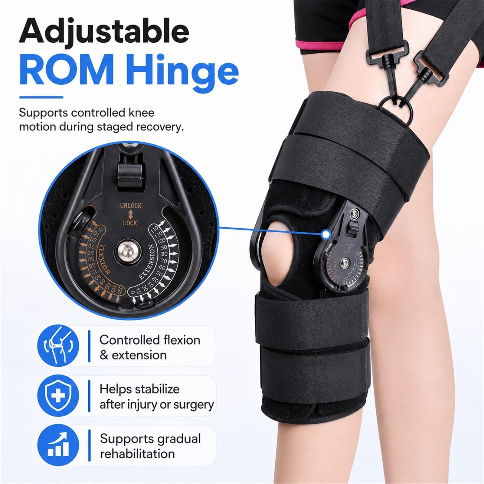 Rodillera Ortopédica ROM con Bisagras Ajustable Estabilizador de Rodilla para Varus Valgus Soporte para Menisco Ligamento Cruzado ACL PCL Unisex Hombre Mujer(M)