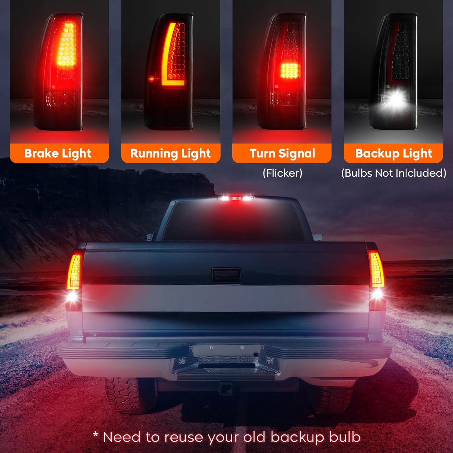 Tail Light + 3rd Brake Cargo Lamp for Chevy Silverado 1500 2500 99-02, 1500HD 2500HD 01-02, GMC Sierra 1500 2500 99-03, Sierra 1500HD 2500HD 01-03, Third High Mount Stop Light Rear LED Taillight