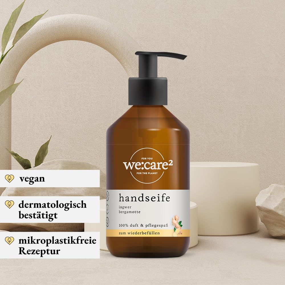 we:care² 6 x jabón de manos 250 ml jengibre/bergamota - Jabón líquido sostenible y vegano sin siliconas, parabenos y microplásticos - Jabón líquido - Dispensador de jabón de manos - Lavado a mano