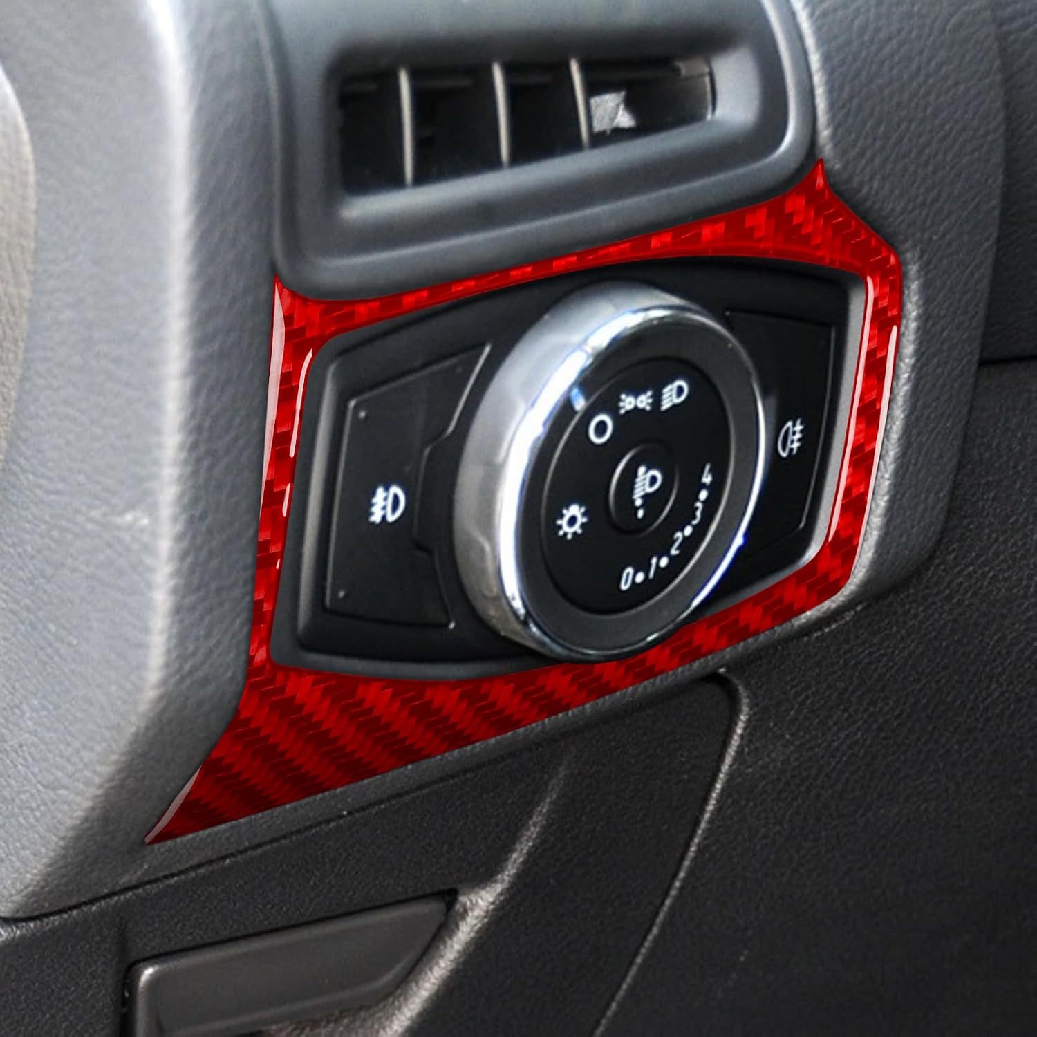 Real Carbon Fiber Car Headlight Switch Red Cover Interior Trim Sticker Decal Accessories 1PC Compatible with Ford Focus C346 ST/RS/S/SE/SEL/Titanium 2012 2013 2014 2015 2016 2017 2018