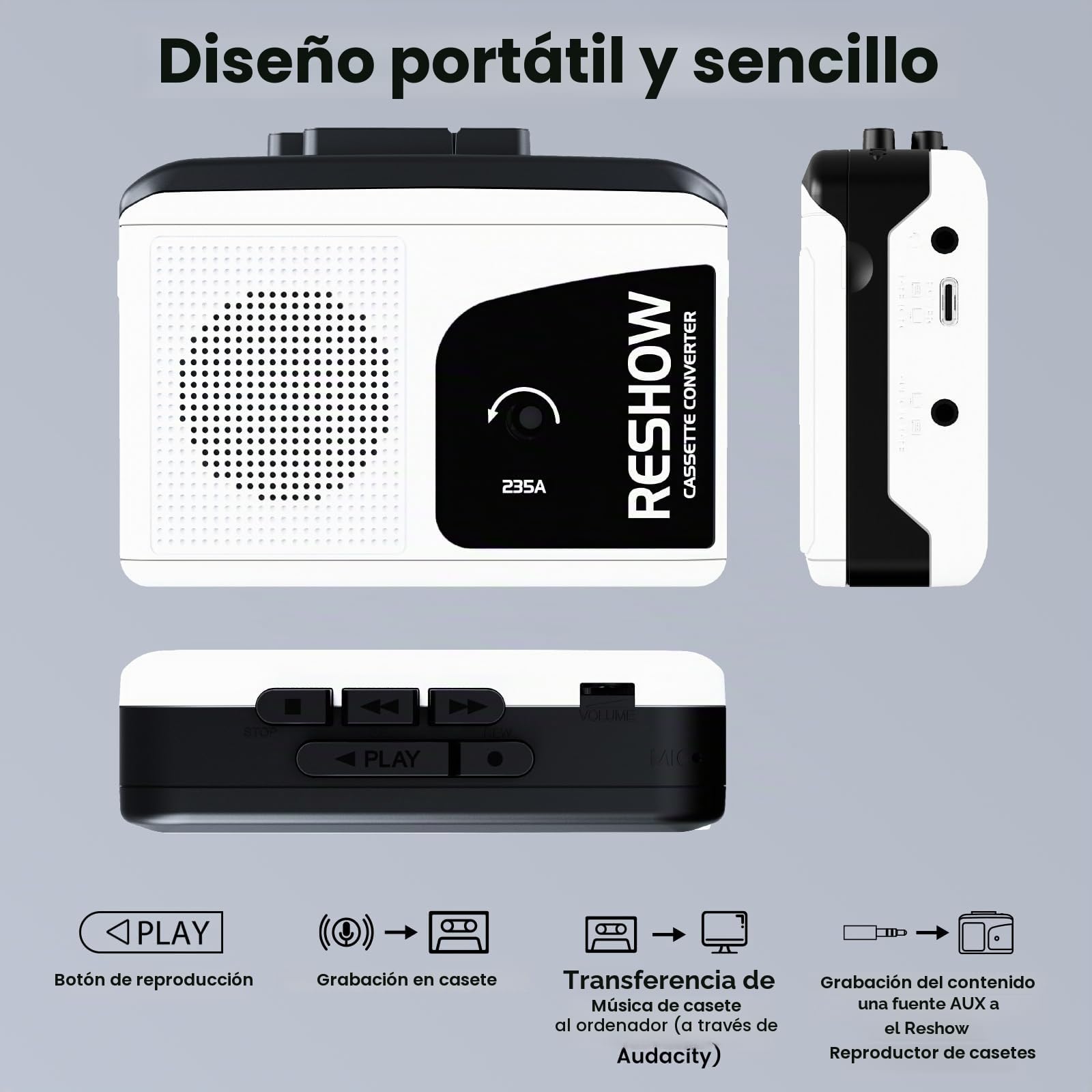 Reshow Reproductor de Casetes Portátil, Micrófono y Altavoz Integrados, Conversor USB de Casete a MP3, Grabación Inversa en Cinta, Grabador de Casetes con Auriculares
