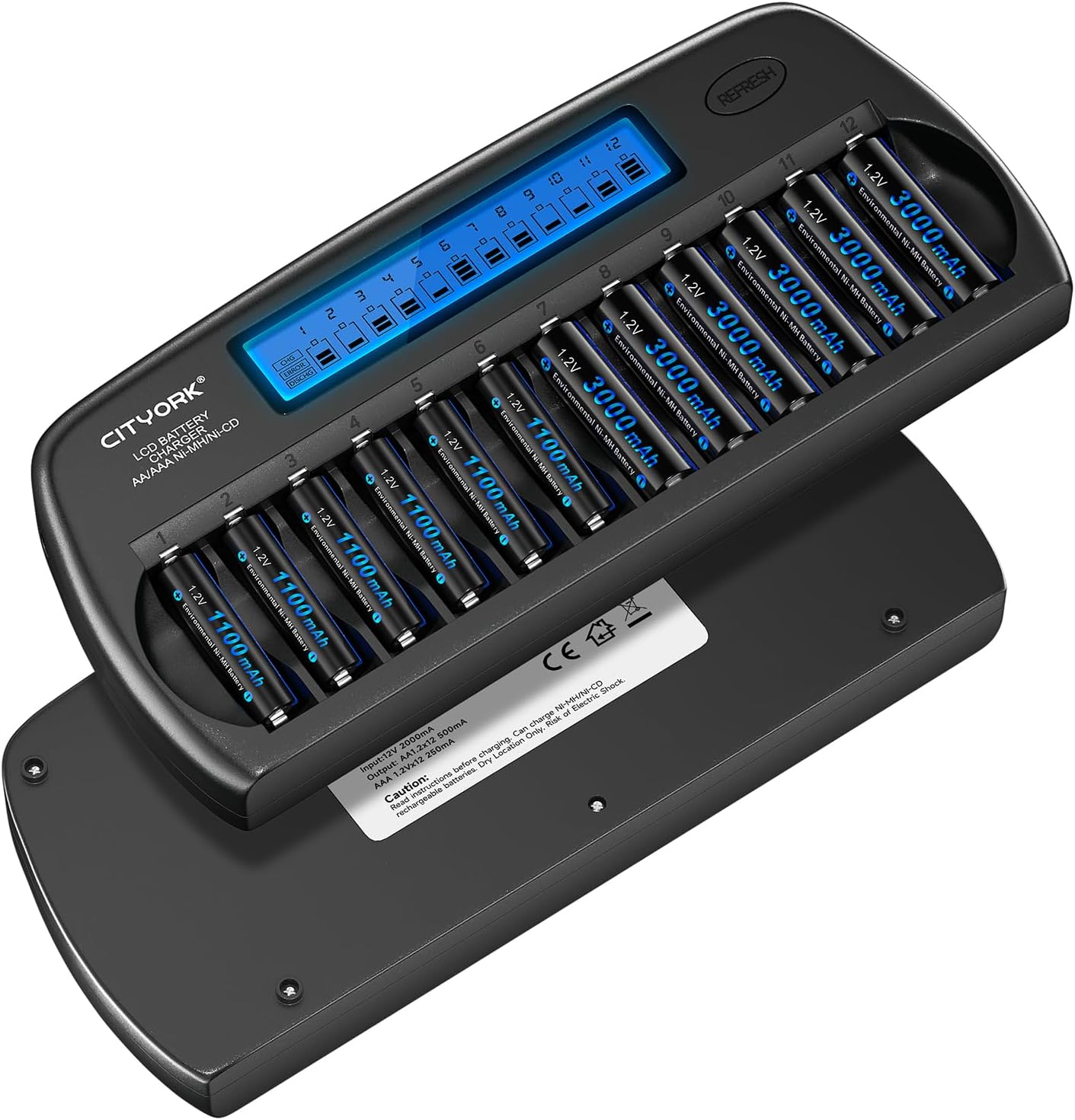 CITYORK 12 Bay AA AAA Battery Charger with Refresh Function, Smart LCD Display Battery Charger for 1.2V Ni-MH/Ni-CD AA AAA Rechargeable Batteries (AC Adapter&Car Charger Included)