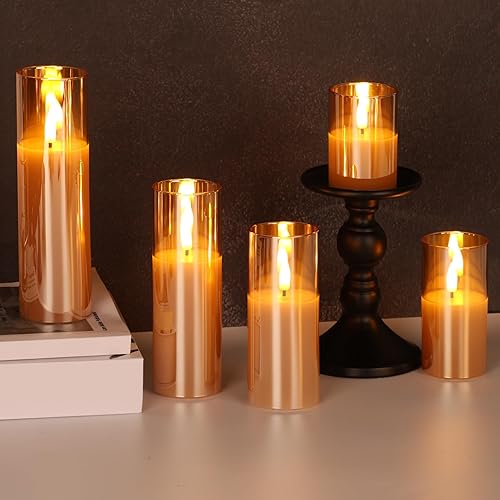 Miniatura 8 de Juego de 5 velas de cristal dorado sin llama con pilas remotas, velas LED delgadas parpadeantes
