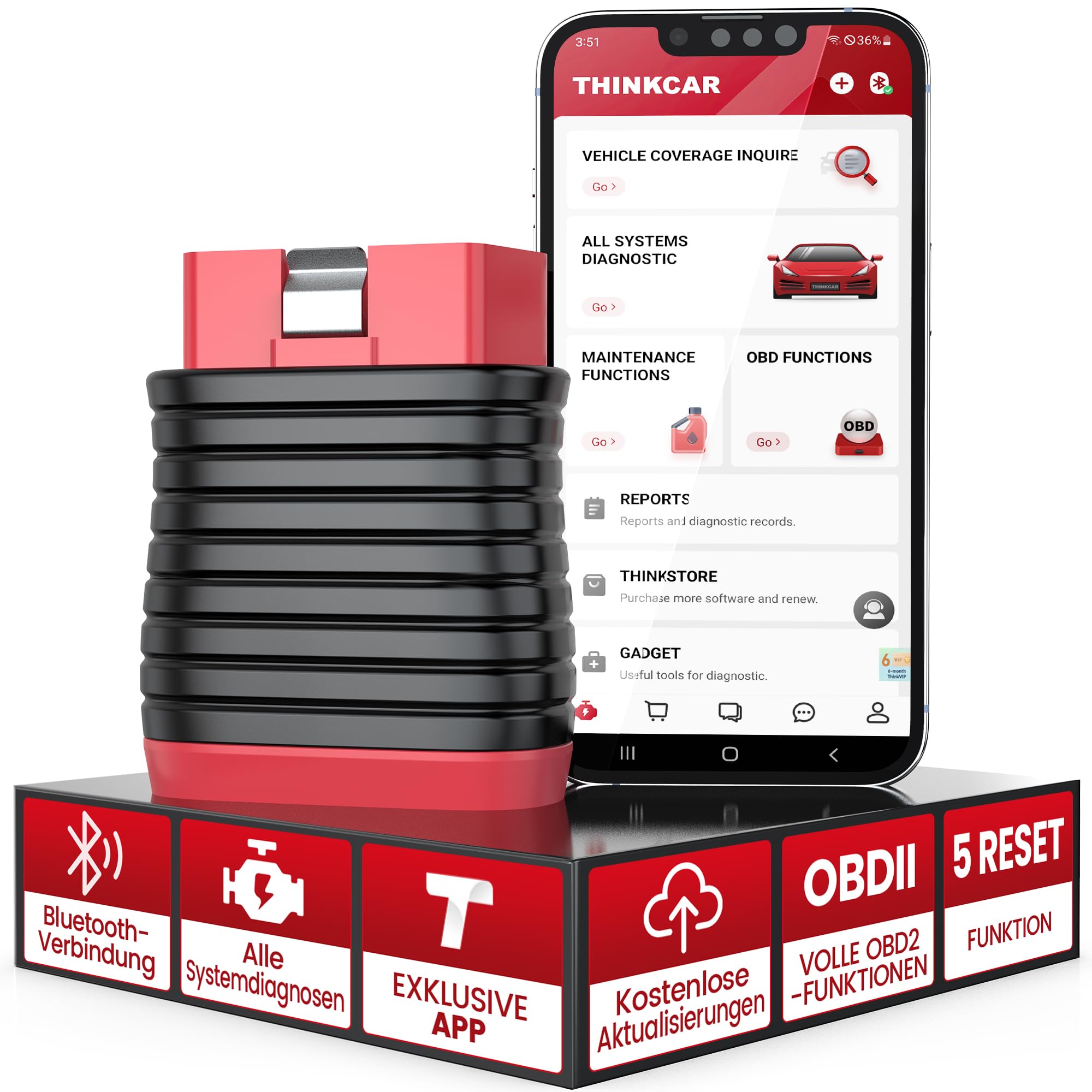 OBD2 Bluetooth Adapter, THINKCAR THINKDIAG BD6 OBD2 Diagnosegerät Mit Alle Systemdiagnosen + 5 Reset-Funktion (Bleed, Brake, Öllampen, IMMO, ETS), Diagnosegerät Auto Für iOS & Android Exklusive APP