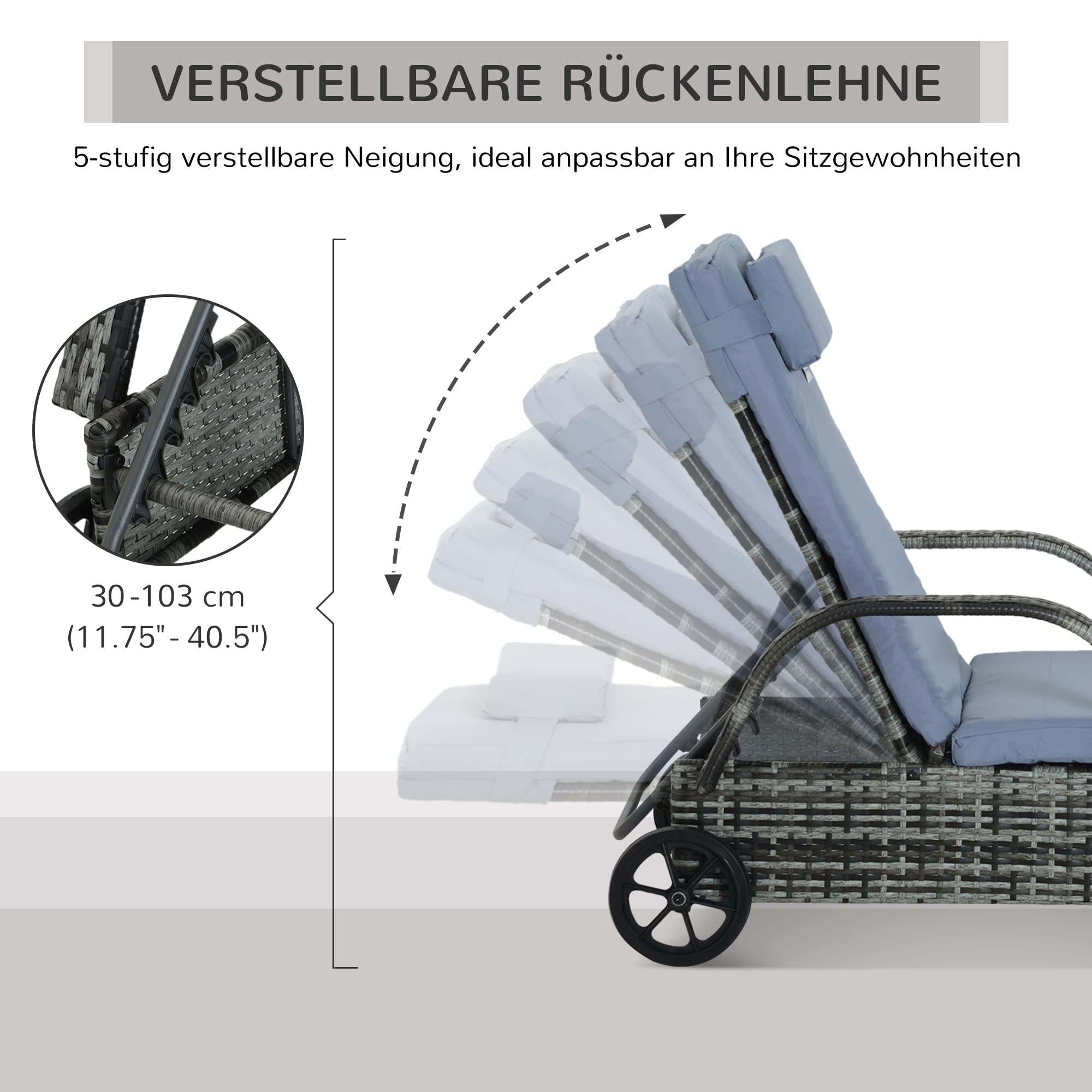 Outsunny Gartenliege Neigbarer Rückenlehne 200 x 73 x 30-103 cm Grau
