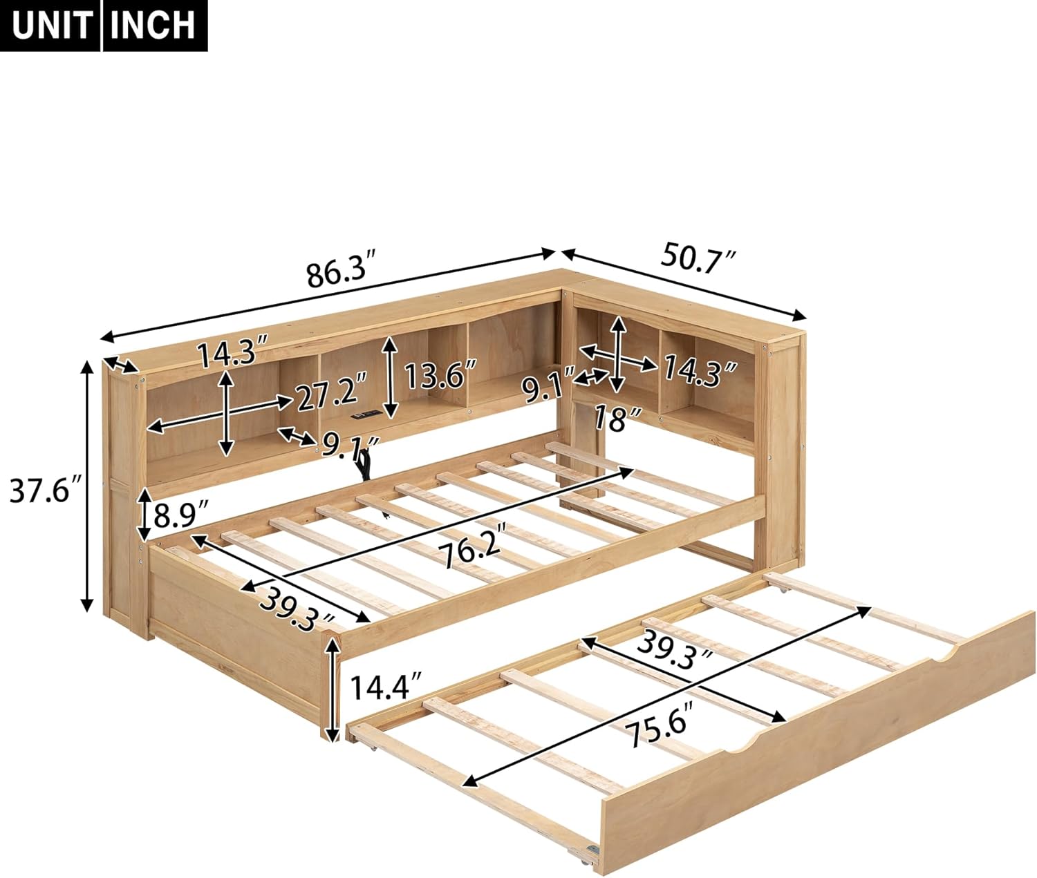 Detailed dimensions diagram for Quarte Twin Size Daybed