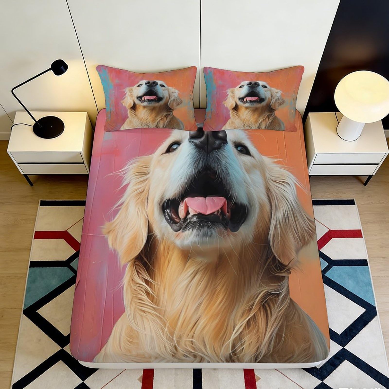 Pnayamiorkfel Style-3 3D Printed Golden Retriever Fitted Sheet Microfiber Orange Art Dog Mattress Cover Anti-Slip Easy Care For Bedroom Guest Room 90X200x25cm