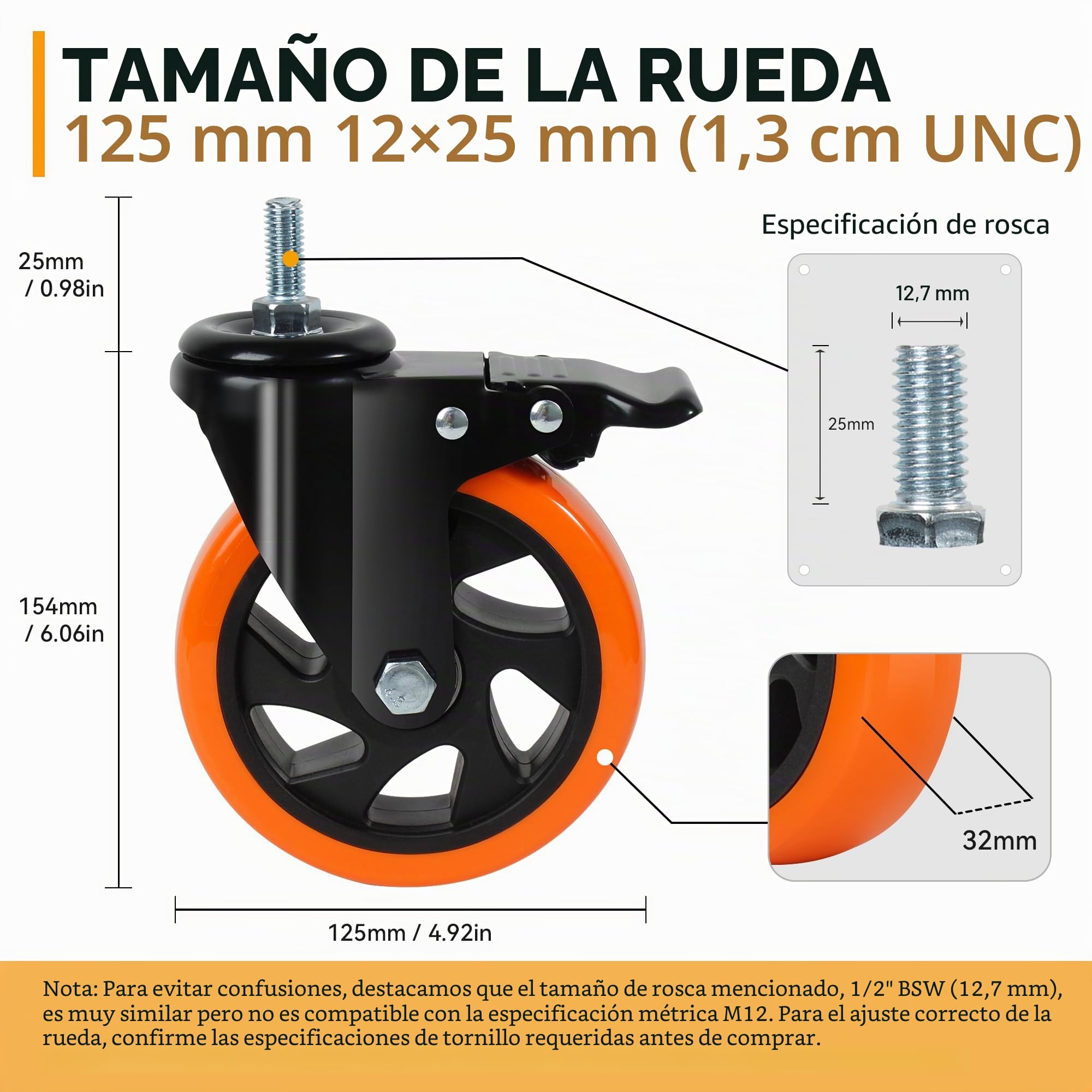 ¢125mm Ruedas Giratorias con Vástago 12mm×25mm(1/2"-12UNC) Ruedas para Muebles Pesados Naranja Ruedas con Tornillo Capacidad 700KG Total