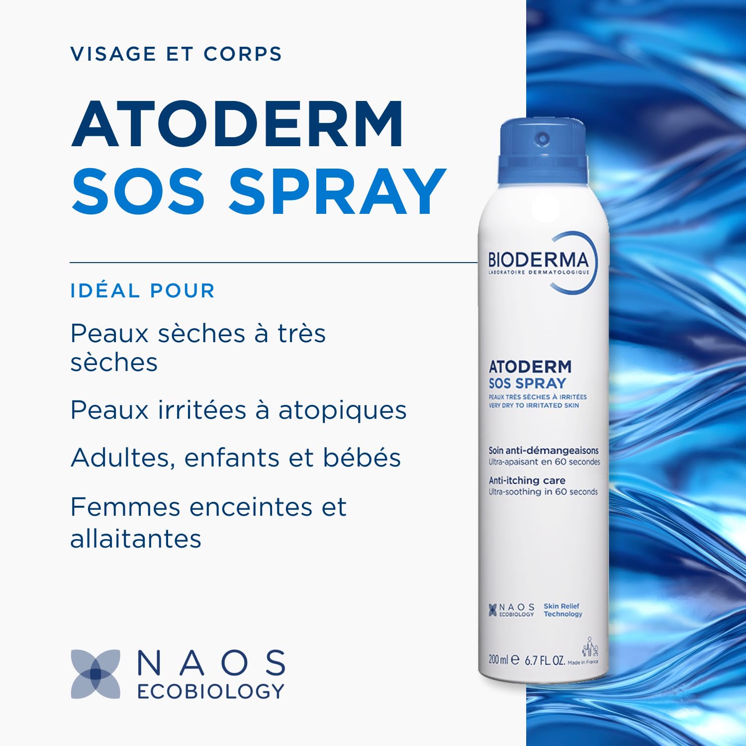 BIODERMA Atoderm SOS spray - Anti-démangeaisons et apaisement immédiat - Peaux sensibles irritées sèches à très sèches - Prescrit par des dermatologues - Pour toute la famille - Aérosol 200 ml