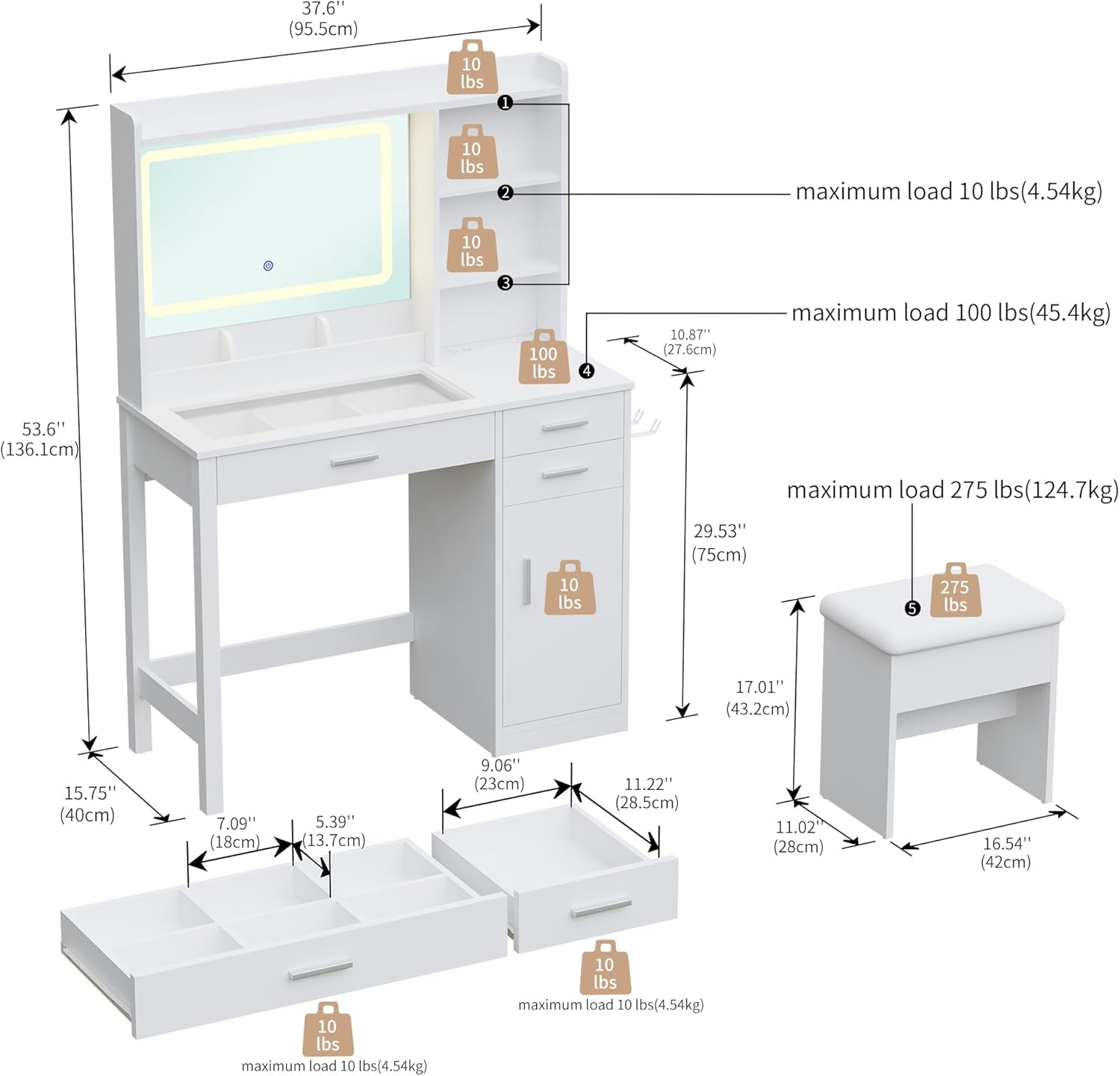 Makeup Vanity Desk with Mirror and Lights, 3-Color LED Lights and Power Outlet, Glass Top Vanity Desk Table Set with Storage Drawers & Hair Dryer Rack, Dressing Table for Girls Bedroom, White