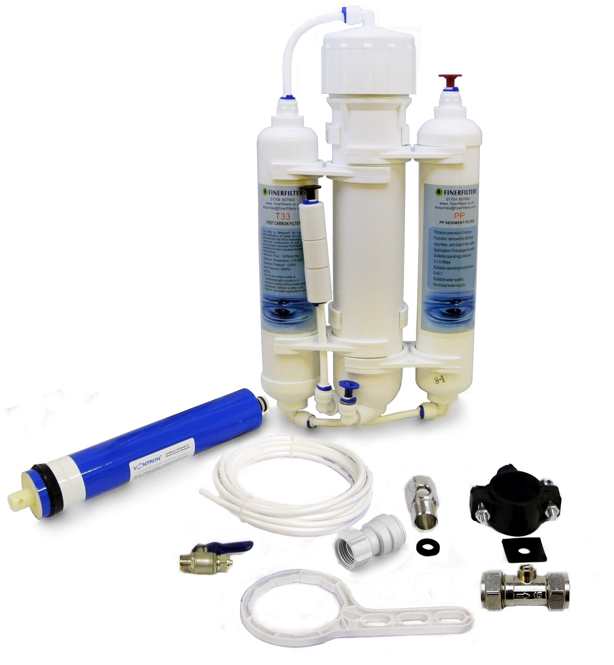 Finerfilters Système de filtre à eau compact pour aquarium à osmose inverse à 3 étapes pour poissons tropicaux avec membrane de 50 GPD