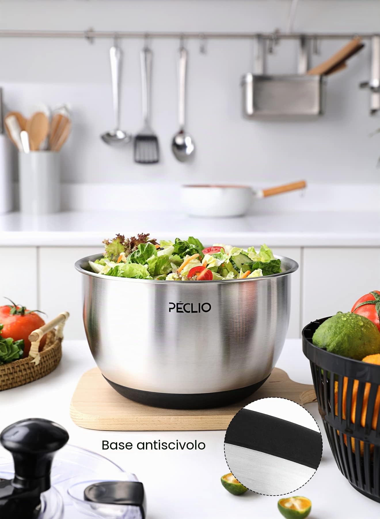 Centrifuga per insalata grande da 4,5 l, in acciaio inox 18/10, di alta qualità, con coperchio trasparente, fondo antiscivolo, centrifuga per insalata con azionamento a manovella, senza BPA e lavabile
