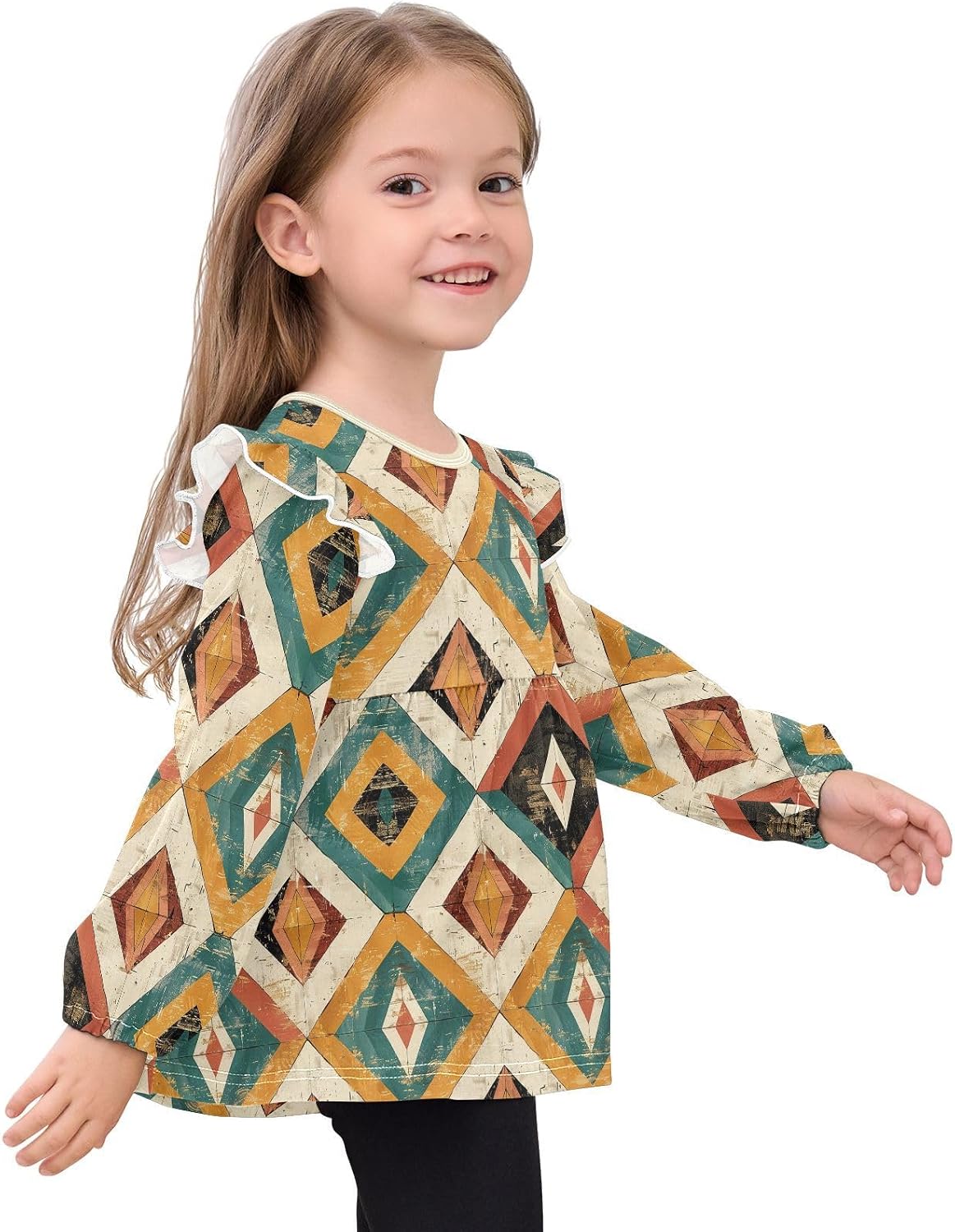 visesunny Toddler Clothes for Girls Bohemian Geometric Pattern Long Sleeve Fall Shirts Cotton Top with Ruffle Collar