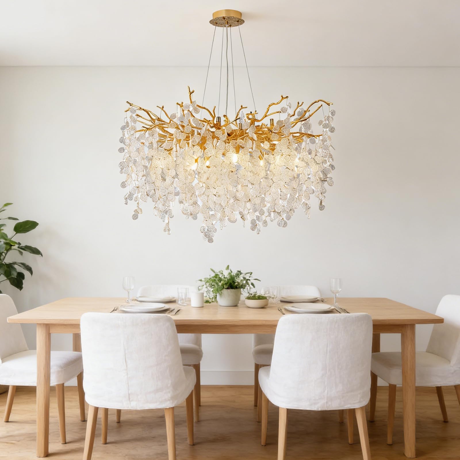 KXEcoLife Modern Crystal Tree Branch Chandelier, Linear Art Deco Raindrop Indoor Hanging Pendant Light Fixture Luxury Chandelier for Dining Room Kitchen Island Living Room,Round D100cm