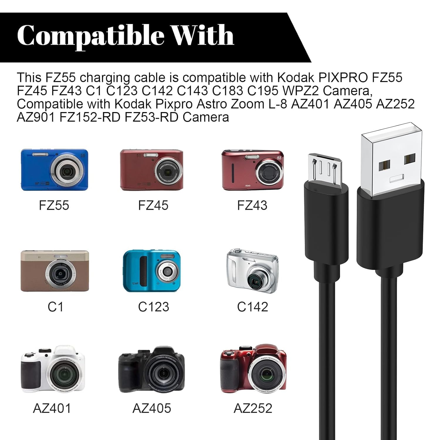 KODAK PIXPRO FZ55 コンパクトデジタルカメラ 本体と充電ケーブル Amazon.co.jp: USB - Micro USB充電ケーブル Kodak Pixpro FZ55 FZ45