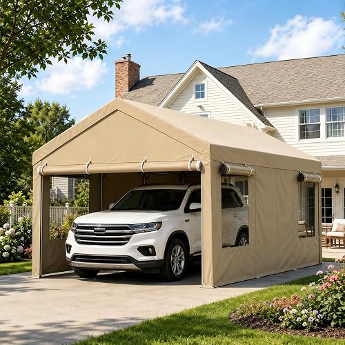 Nuturelly 12x20 FT Heavy Duty Carport Canopy, Portable Carport with Roll-Up Windows & Removable Sidewalls, All-Weather Shelter for SUV, Truck, Boat, Khaki