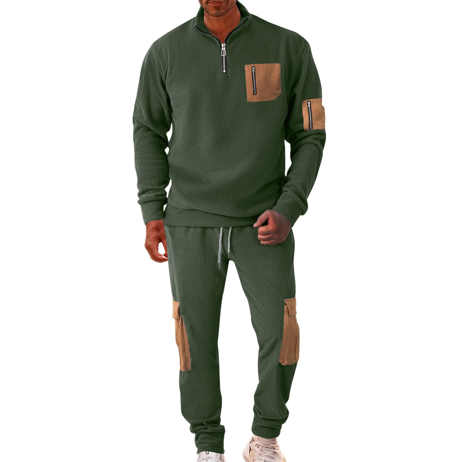 Tuta da jogging da uomo, traspirante, calda a 1/4 zip, per il tempo libero, felpa e pantaloni da jogging, fitness, palestra, cargo, a maniche lunghe, Y2K Streatwear