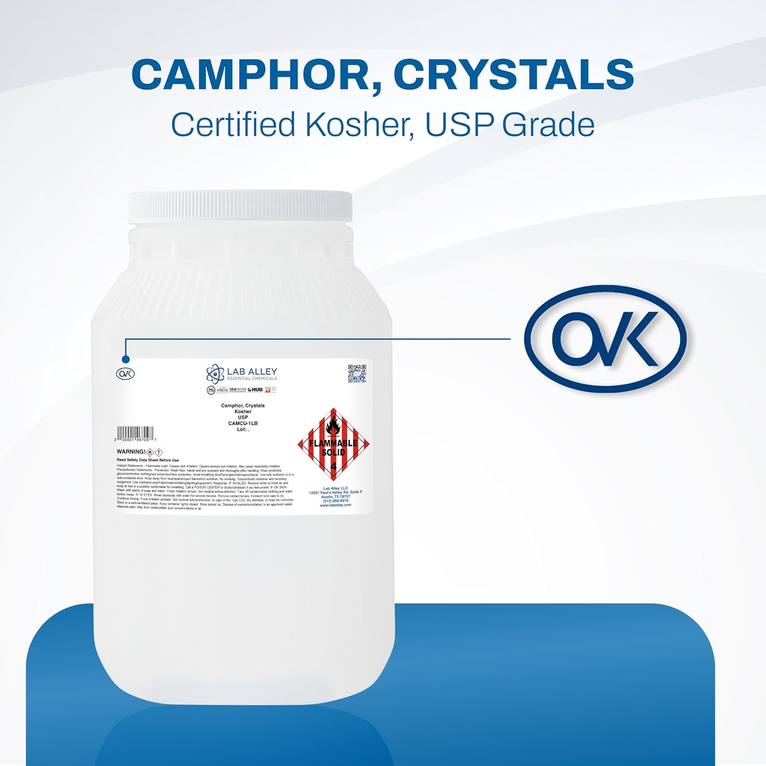 Lab Alley Camphor, Crystals, USP Grade, Kosher Certified - 1lb