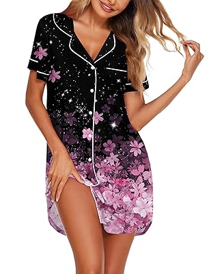 Ekouaer Nightgowns for Women Button Down Sleepshirt Short Sleeve Nightshirt Boyfriend Pajamas V Neck Nightdress S-XXXL
