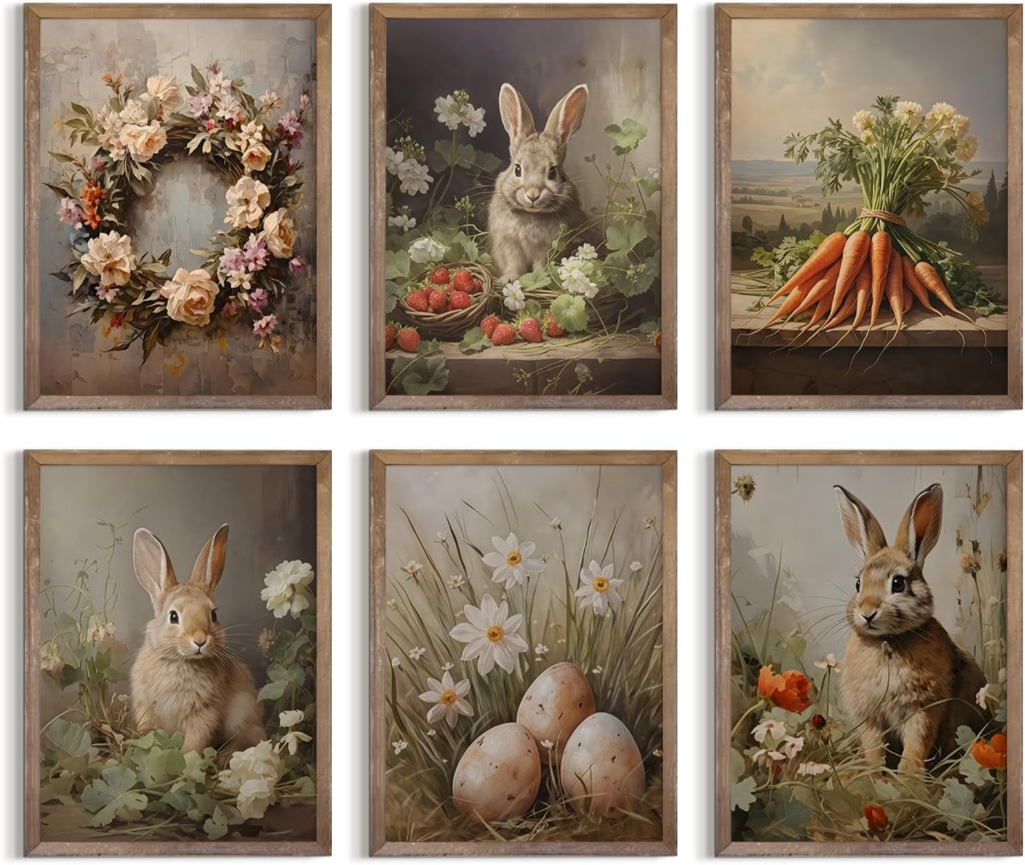 Easter Bunny Wall Art Decor Retro Rabbit Canvas Prints Easter Egg Wall Decor Vintage Bunny Painting Farmhouse Pictures Spring Flower Poster for Living Room Bedroom 12x16 Inch Unframed Set of 6