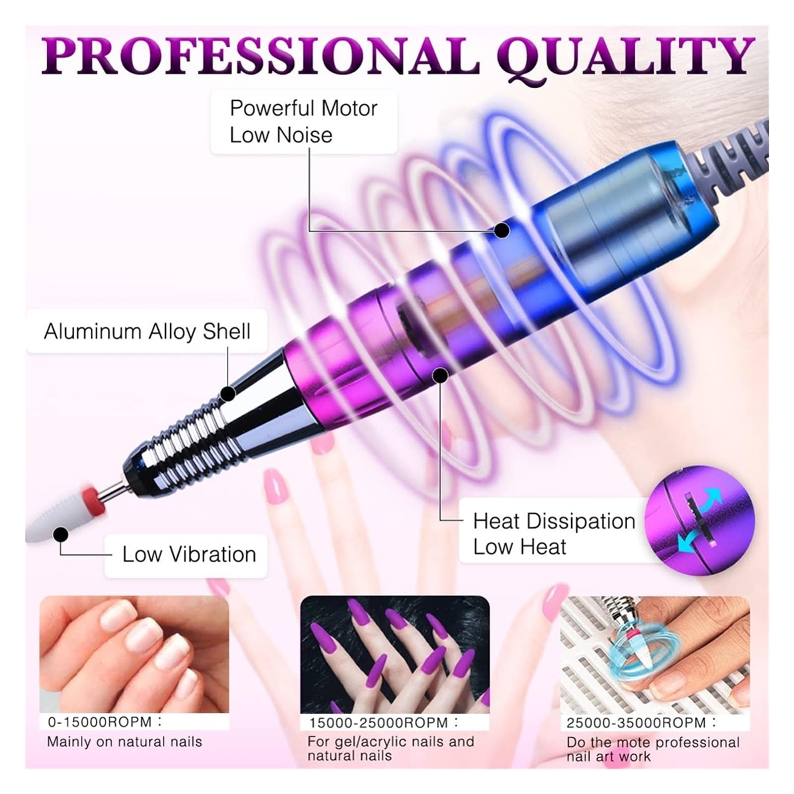 Lima Unghie Elettrico, Trapano for unghie professionale ricaricabile 35000 RPM, lima for elettrica for acrilico, gel, strumenti for la lucidatura di pedicure for manicure