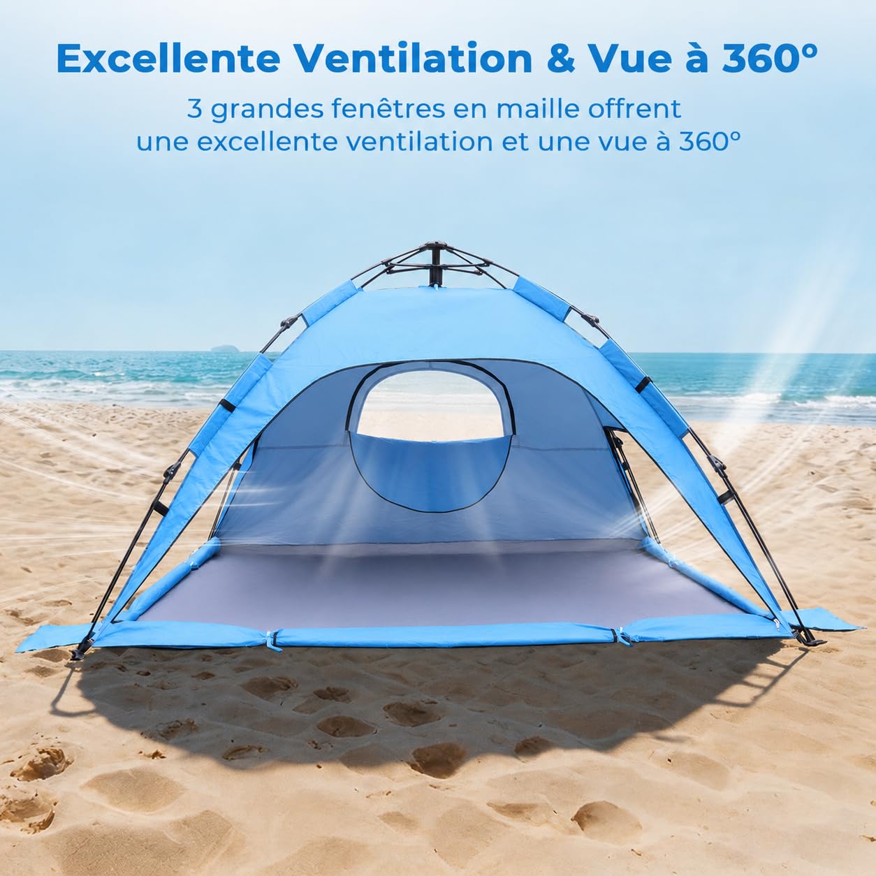 Abri de plage pop-up avec protection UV 50+, tente de plage automatique pour 2 à 3 personnes, abri de plage pop-up XXL avec tapis étendu, tente légère de protection contre le vent pour bébé et famille