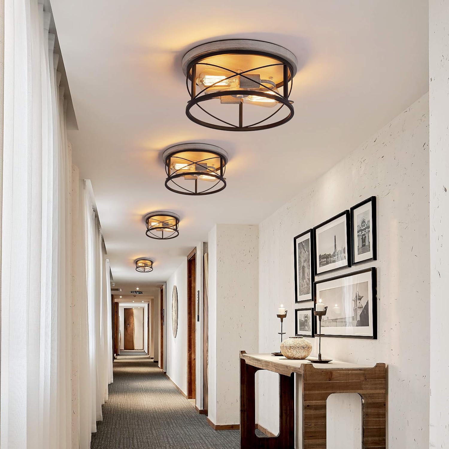 Q&S Flush Mount Ceiling Light Fixture Farmhouse Rustic Oak White and ORB Lighting for Hallway Entryway Kitchen Dining Room Bedroom Garage Gazebo Locker 2 Lights UL Listed