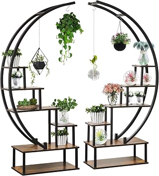 Elevens 6 Tier Metal Plant Stand,Muti-Purpose Plant Shelf with Hanging Loop Half Moon Shape Plant Stands Indoor Curved Display Shelf for Balcony,Patio,Garden and Home, Pack of 2,Oak Wood,USAM004