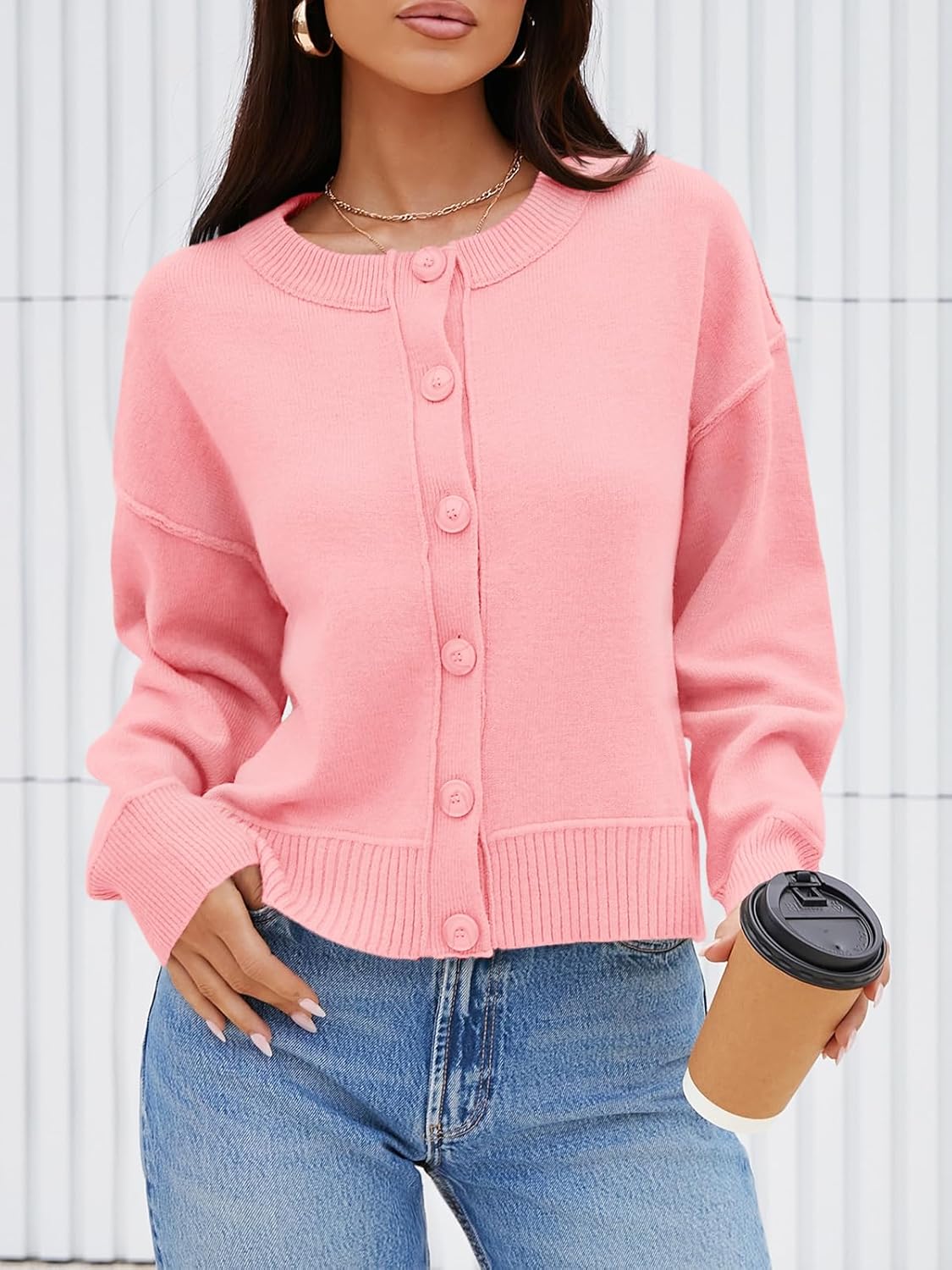 Saodimallsu Womens Button Up Cardigans Fall Trendy Crew Neck Long Sleeve Knit Cropped Sweater Jacket - Image 2